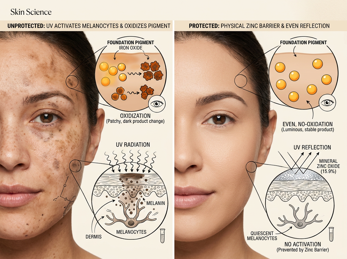 Scientific illustration of skin layers and UV exposure